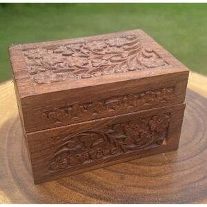 Vintage Carved Wood Playing Card Box India Double Deck Floral Action Industries